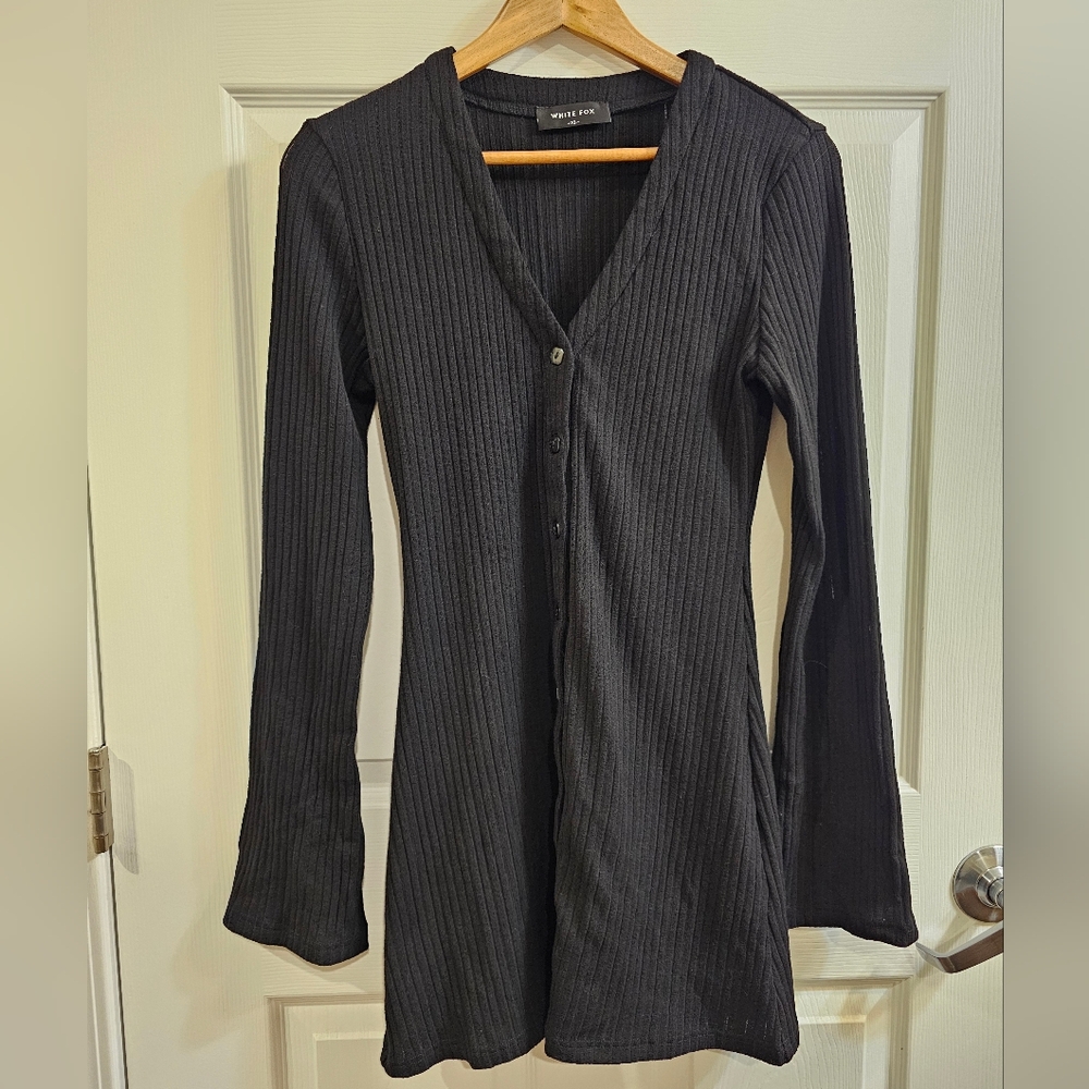 Black Flared Sleeve Ribbed Mini Dress
